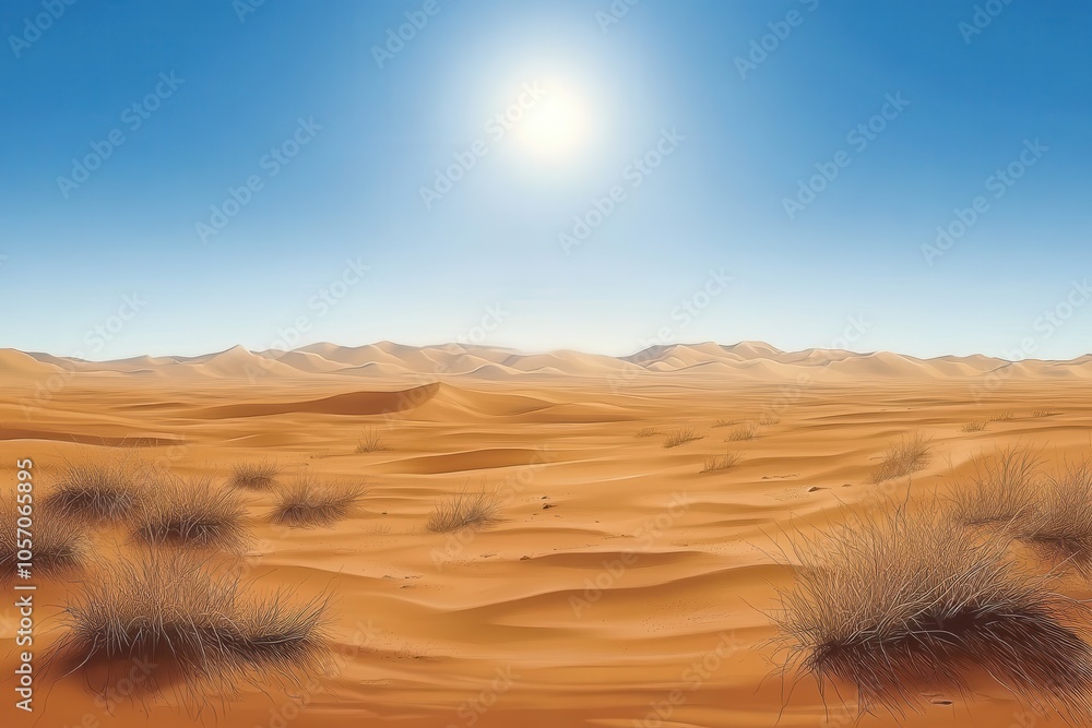 Vast Desert Landscape Under a Bright Sun with Gentle Dunes and Sparse Vegetation Evoking Serenity and Isolation