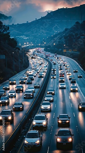 heavy traffic moving at speed on mountain road 