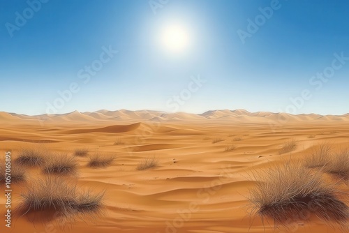 Obraz na płótnie Vast Desert Landscape Under a Bright Sun with Gentle Dunes and Sparse Vegetation Evoking Serenity and Isolation w salonie
