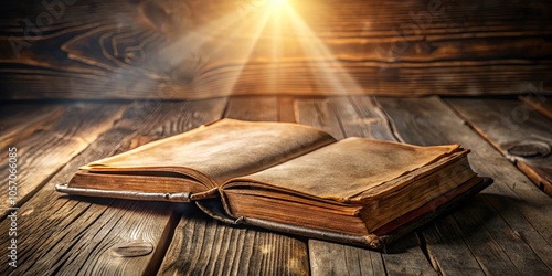 An antique book resting open on a rustic wooden surface, illuminated by a beam of sunlight, revealing the secrets within its yellowed pages.