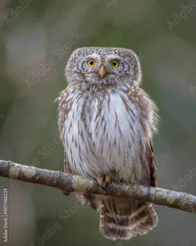 Eurasian Pigmy Owl in a fir grove in spring 