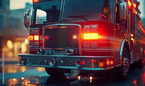 A detailed view of a fire truck with its emergency lights on, showcasing its readiness for responding to rescue calls