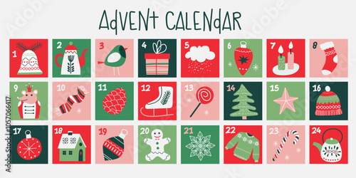 December advent calendar with hand drawn elements. Christmas poster countdown printable tags numbered poster with xmas ornament. Winter postcard vector template. 