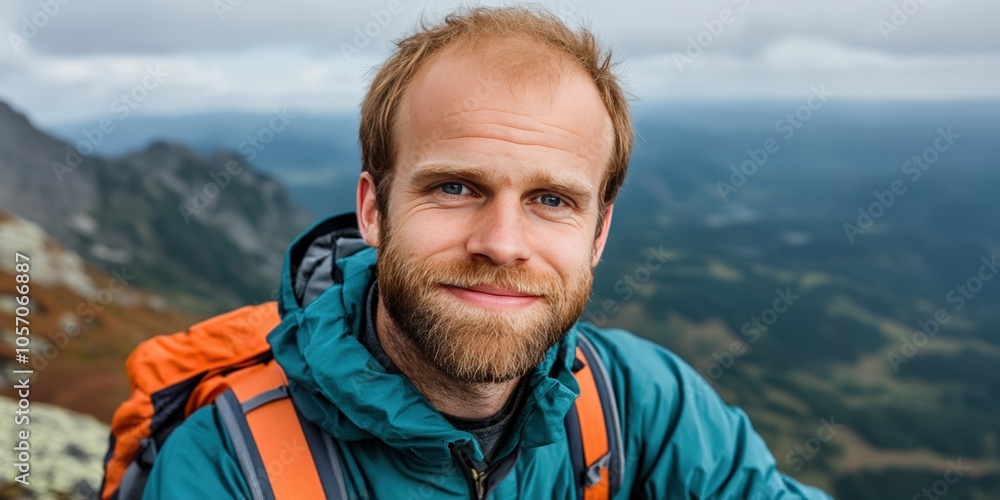 Smiling Adventurer with Backpack on Mountain Peak Smiling Adventurer with Backpack on Mountain Peak