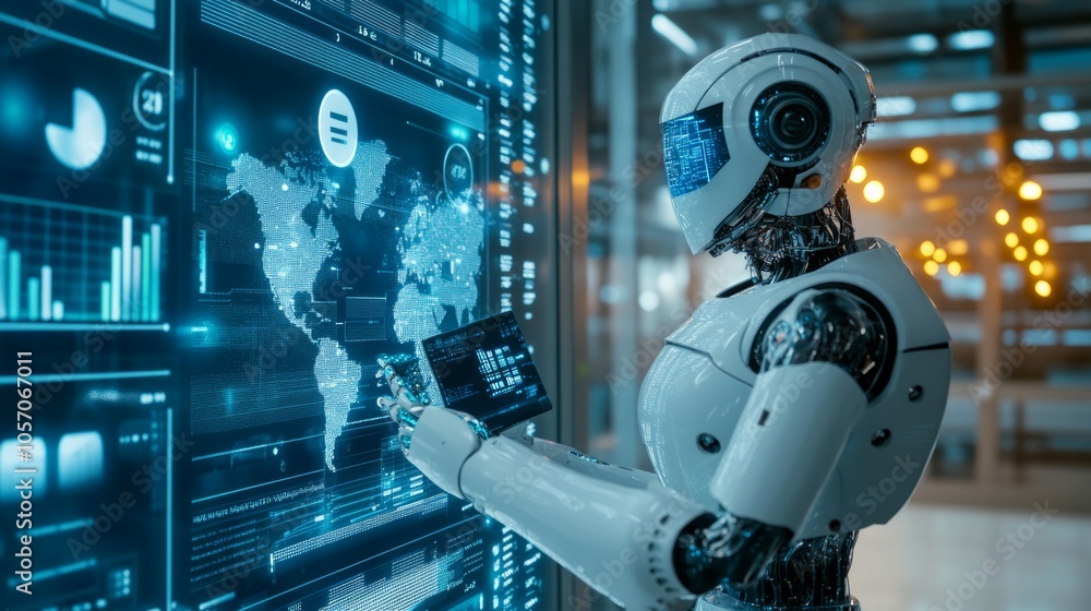 A futuristic robot holding an AI and big data technology icon stands in front of holographic charts, A futuristic robot holding an AI and big data technology icon stands in front of holographic charts,