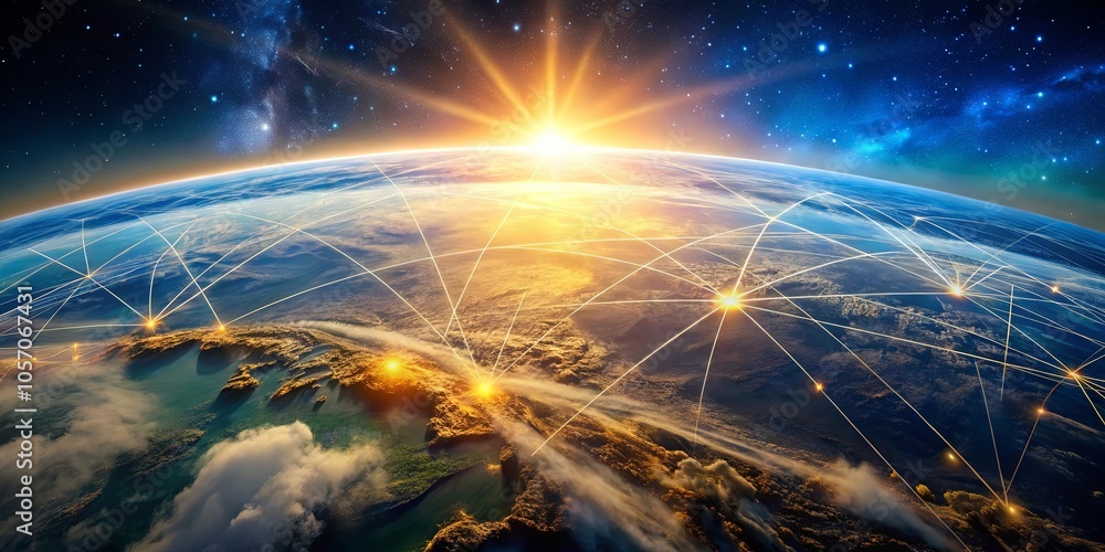 Obraz premium A Glowing Web of Interconnectedness Spanning the Globe, Bathed in the Golden Light of a Rising Sun