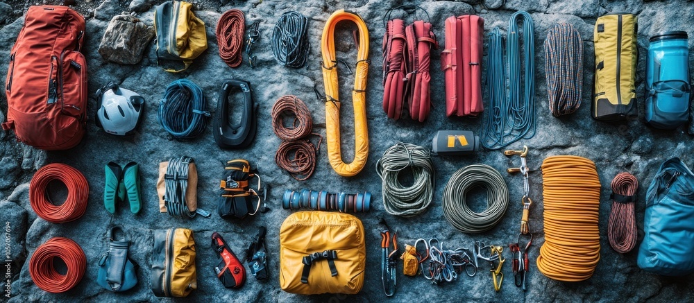 Fototapeta premium Flat lay of rock climbing gear, including ropes, carabiners, chalk bag, harness, helmet, water bottle, and backpack.