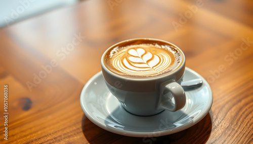 cup of coffee with latte art on wooden table, shallow dof isolated with white shades, png photo