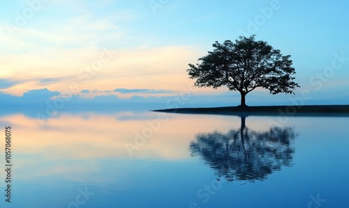 A tranquil scene featuring a solitary tree silhouetted against a serene blue landscape, reflecting softly in calm water