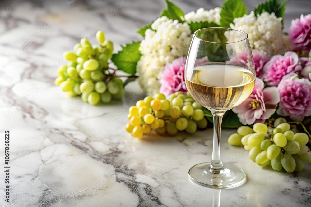 A glass of white Burgundy wine on a marble countertop surrounded by fresh flowers and grapes, vineyardlife, burgundiewhite A glass of white Burgundy wine on a marble countertop surrounded by fresh flowers and grapes, vineyardlife, burgundiewhite