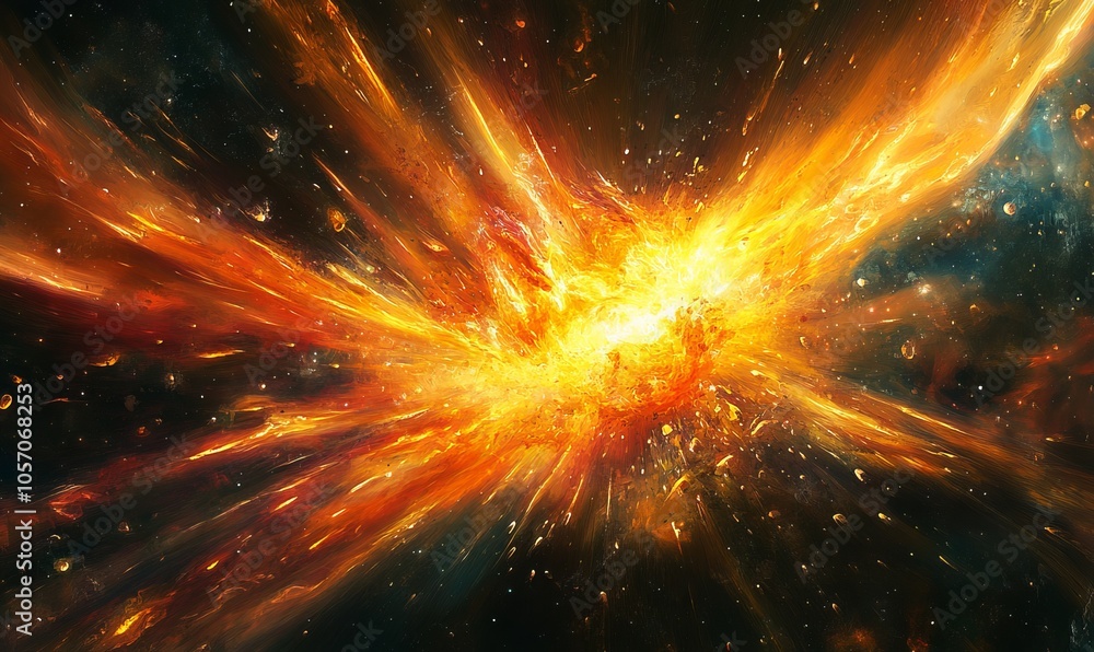 A vibrant explosion in space, showcasing vivid orange and yellow hues against a dark cosmic backdrop, representing energy and power A vibrant explosion in space, showcasing vivid orange and yellow hues against a dark cosmic backdrop, representing energy and power