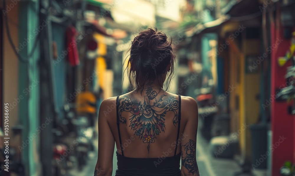 A woman with tattoos on her back walks down a narrow street A woman with tattoos on her back walks down a narrow street