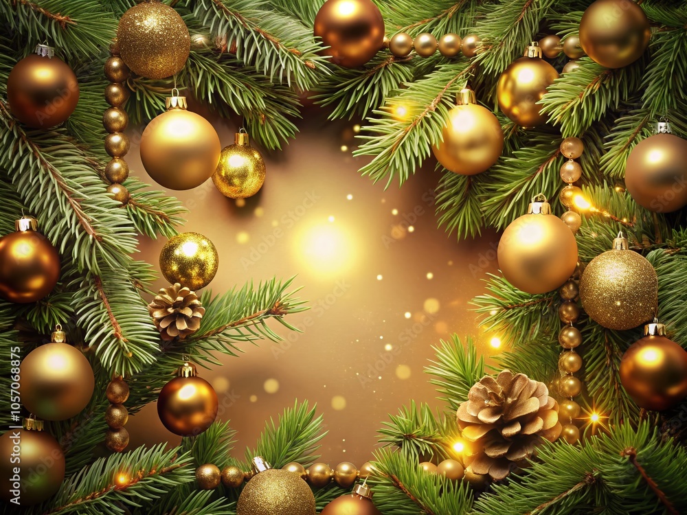 Festive Christmas Frame with Gold Ornaments and Pine Branches for Holiday Decor Festive Christmas Frame with Gold Ornaments and Pine Branches for Holiday Decor