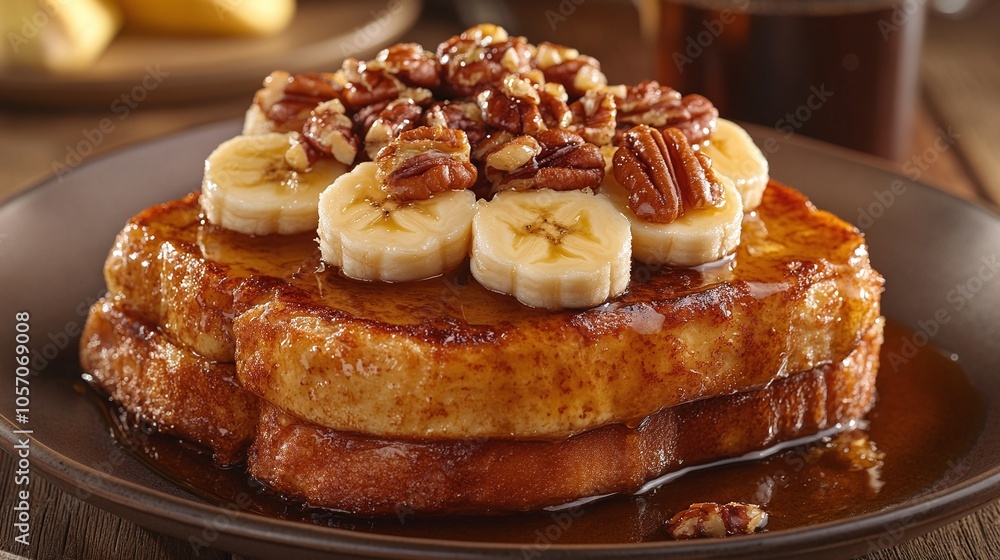 sweet and crispy french toast with banana and pecan topping, a delightful breakfast or brunch option with golden bread, caramelized bananas, and crunchy nutty pecans sweet and crispy french toast with banana and pecan topping, a delightful breakfast or brunch option with golden bread, caramelized bananas, and crunchy nutty pecans