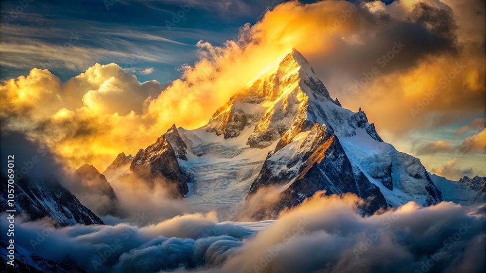 A majestic mountain peak bathed in the golden glow of the setting sun, clouds swirl around its summit, creating a breathtaking scene of natural beauty. A majestic mountain peak bathed in the golden glow of the setting sun, clouds swirl around its summit, creating a breathtaking scene of natural beauty.