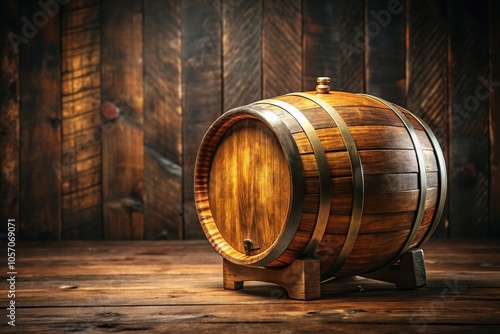 A large wooden barrel filled with a rich amber-colored ale sitting on a wooden floor, beer fermentation, barrels, wooden barrels, beer, craft beer photo