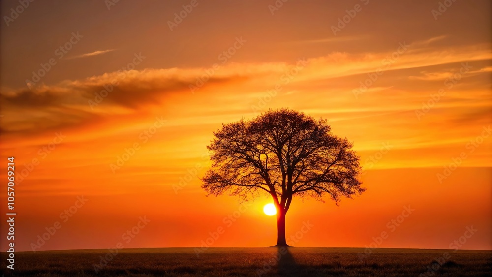 A lone tree standing tall in front of a bright orange sunrise, landscape photography, natural beauty, single tree A lone tree standing tall in front of a bright orange sunrise, landscape photography, natural beauty, single tree