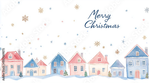 Christmas postcard template with watercolor houses and snowflakes, text "Merry Christmas", cute town in the winter landscape, starry sky, vintage card design