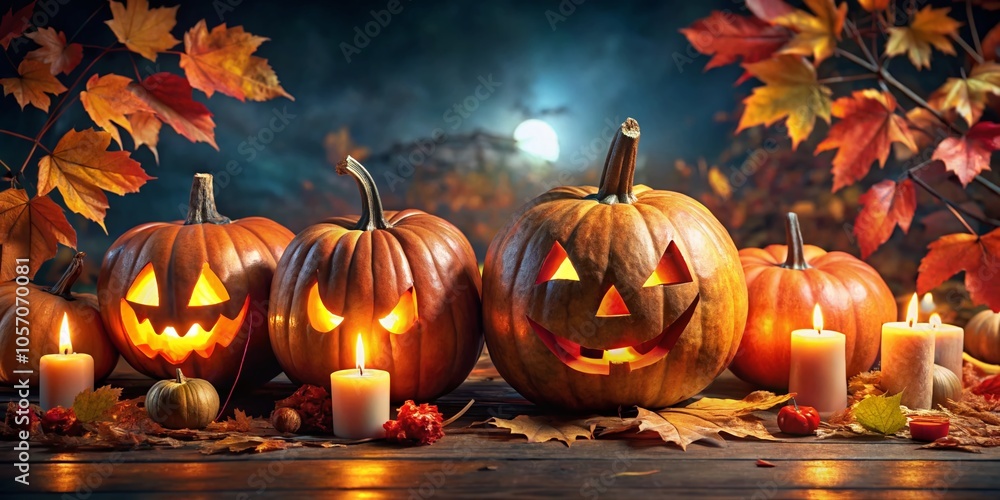 Festively Carved Pumpkins with Glowing Candles Amidst Autumn Leaves for Halloween Night Festively Carved Pumpkins with Glowing Candles Amidst Autumn Leaves for Halloween Night
