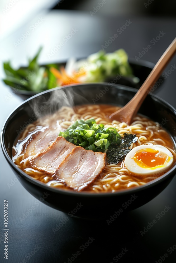 Delicious bowl of steaming ramen featuring sliced pork, soft-boiled egg, and fresh green onions served in a cozy restaurant setting Delicious bowl of steaming ramen featuring sliced pork, soft-boiled egg, and fresh green onions served in a cozy restaurant setting