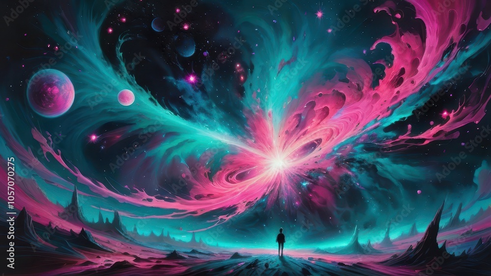 A vibrant cosmic landscape featuring swirling pink and teal nebulas against a starry sky, with jagged black mountains creating a stunning, otherworldly scene A vibrant cosmic landscape featuring swirling pink and teal nebulas against a starry sky, with jagged black mountains creating a stunning, otherworldly scene