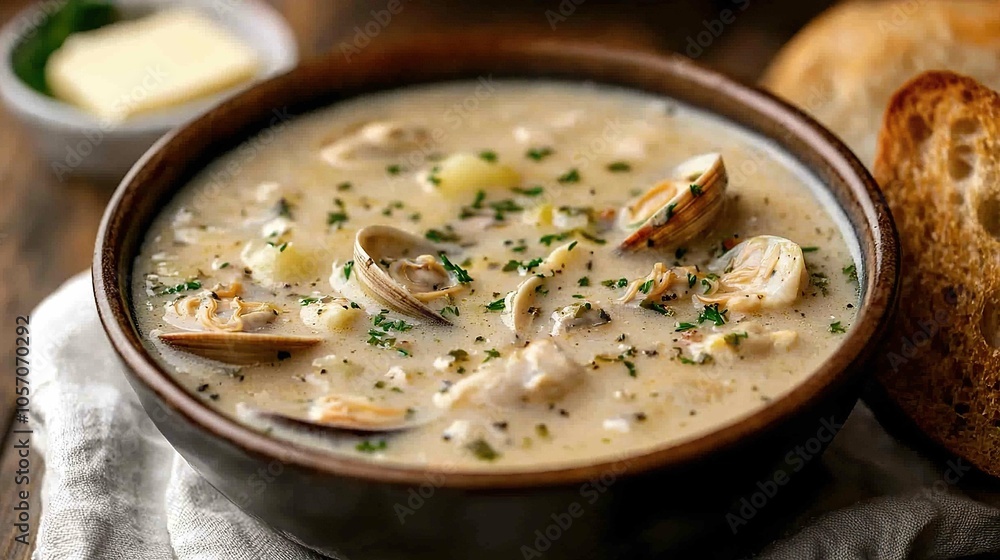 Hearty clam chowder soup with fresh bread Hearty clam chowder soup with fresh bread