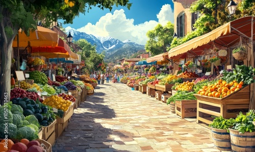 Vibrant farmer\'s market with fresh produce and smiling shoppers enjoying a sunny day in a lively community atmosphere photo