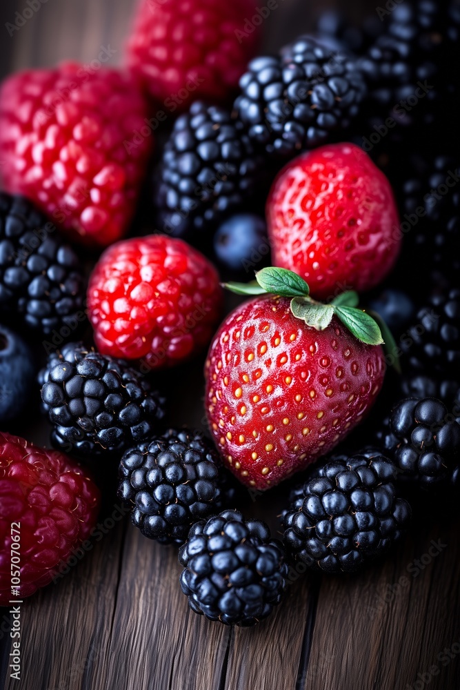 Freshly harvested strawberries, raspberries, and blackberries arranged on dark wooden surface Freshly harvested strawberries, raspberries, and blackberries arranged on dark wooden surface