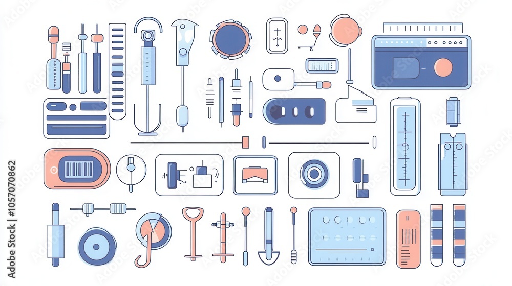 Biomedical device illustration, featuring health tech tools and medical engineering devices, flat vector Biomedical device illustration, featuring health tech tools and medical engineering devices, flat vector