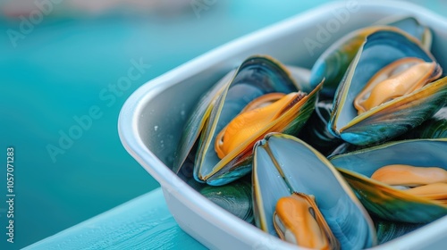 Close-up RAW Style of Fresh New Zealand green-lipped mussels, seafood delicacy photo