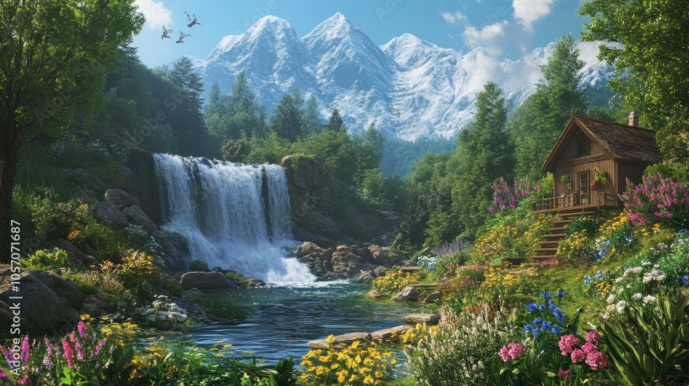 Fototapeta premium Mountain Waterfall Cabin