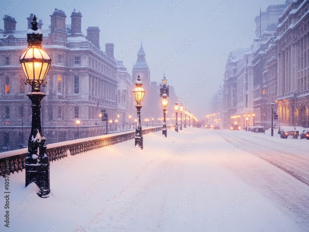 Naklejka premium Snow-covered city street with victorian lamps at dusk