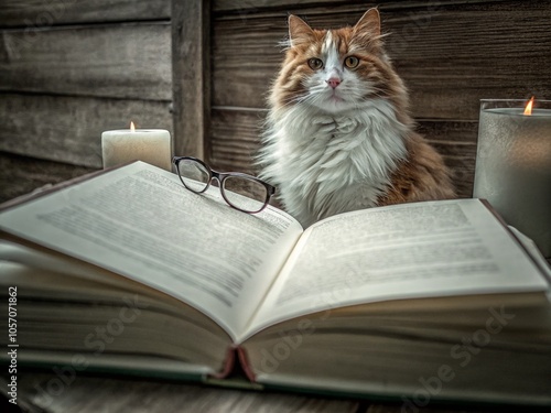 Fluffy Orange and White Cat with Open Book for World Book Day and Candlelight Study Atmosphere