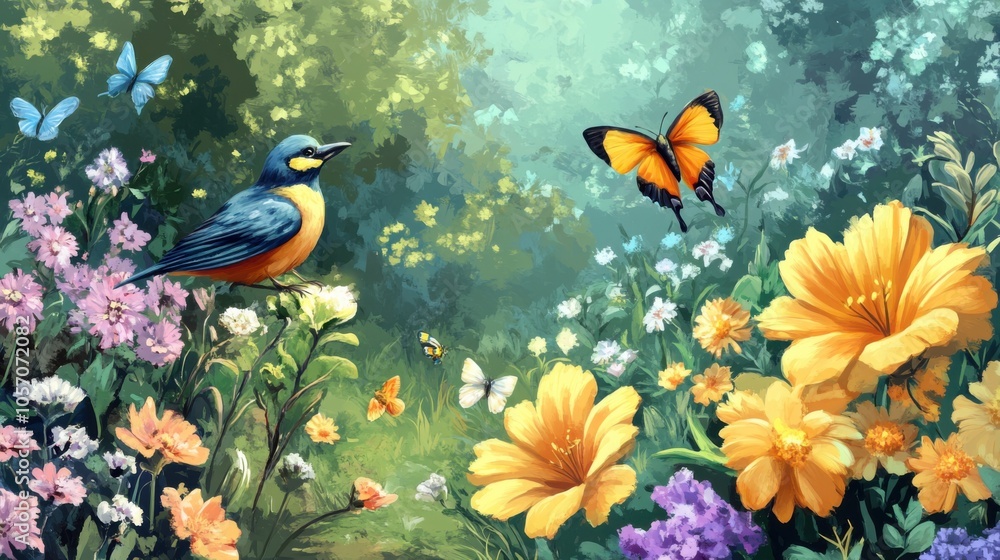 Fototapeta premium Botanical garden illustration, depicting colorful flowers and small animals like butterflies and birds