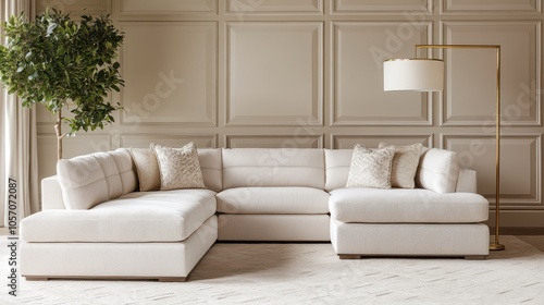 Modern Living Room: Ivory Sectional, Sand-Toned Stucco, Brass Floor Lamp, and Geometric Wall Paneling in Premium Interior Photography.