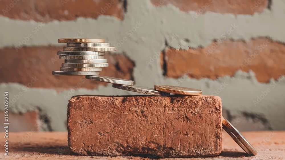Stack of coins balanced on brick with one coin rolling away Stack of coins balanced on brick with one coin rolling away