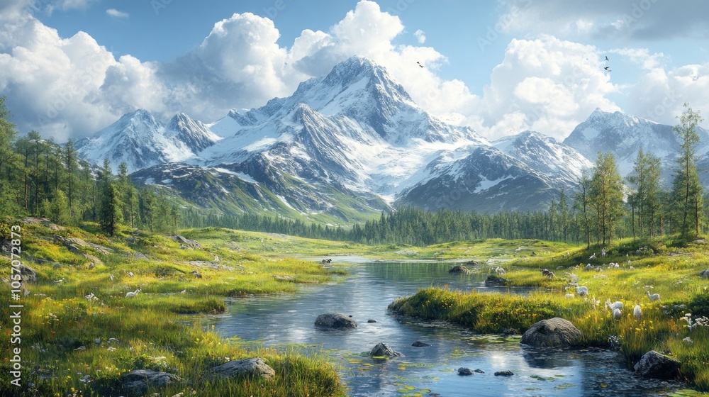 Fototapeta premium Serene mountain landscape with a river and lush greenery.