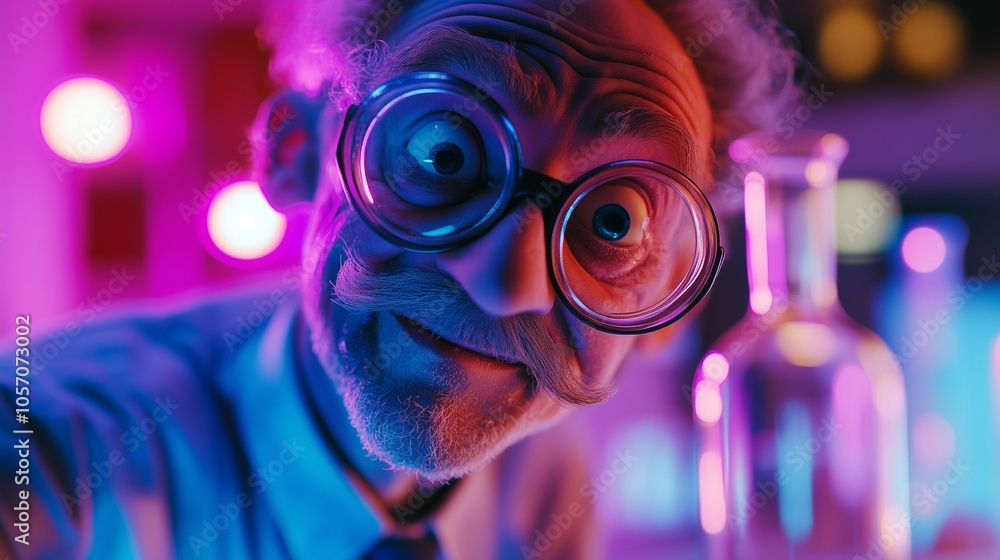 Bed Evil and crazy scientist with evil smile in scientific lab looking at camera Bed Evil and crazy scientist with evil smile in scientific lab looking at camera