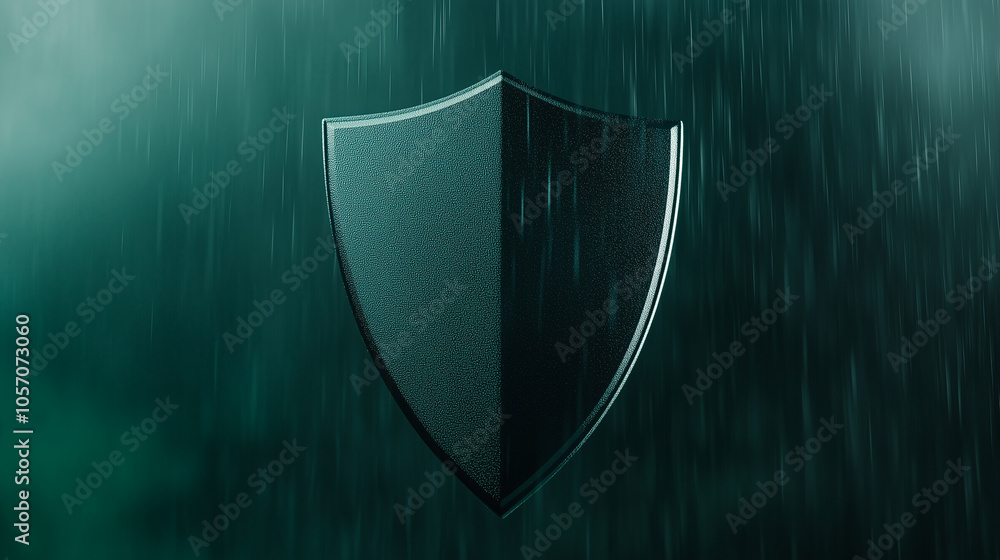 3D illustration of dark green shield on green rain background, cybersecurity or protection from data breaches concept 3D illustration of dark green shield on green rain background, cybersecurity or protection from data breaches concept
