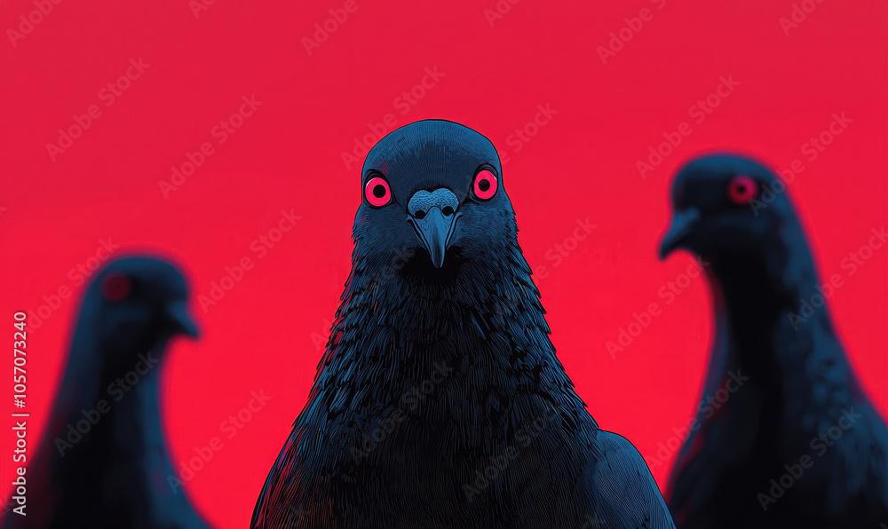 Striking Graphic Illustration of Pigeons Against Bold Red Background Striking Graphic Illustration of Pigeons Against Bold Red Background