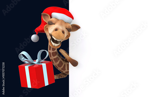 Fun 3D cartoon santa giraffe with a blank sign photo