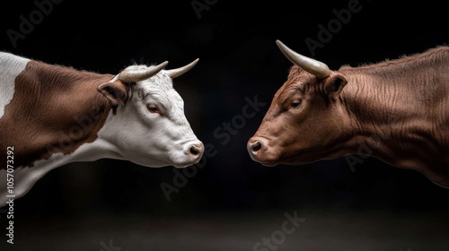 This artwork illustrates the concepts of bullish and bearish trends through two cows, one brown and one white, positioned closely, symbolizing opposing market forces