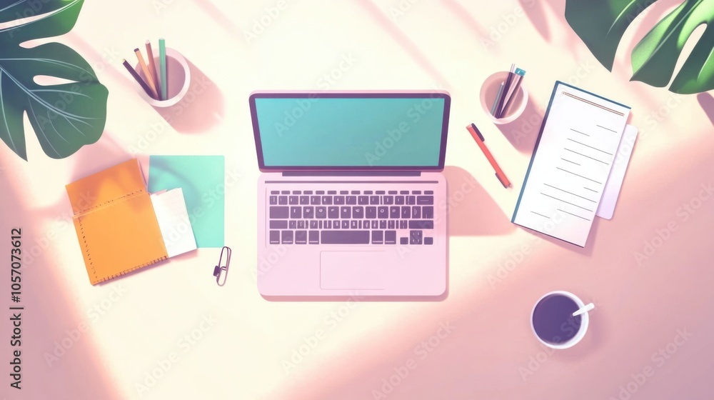 Business desk at home, with a modern desk setup, laptop, and stationery, flat and colorful Business desk at home, with a modern desk setup, laptop, and stationery, flat and colorful