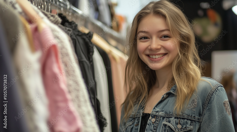 A young woman smiling as she browses through clothes on a rack, focusing on a single piece of clothing, with soft neutral lighting and minimal background distractions A young woman smiling as she browses through clothes on a rack, focusing on a single piece of clothing, with soft neutral lighting and minimal background distractions