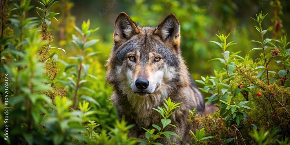 Fototapeta premium A panoramic view of a dense thicket of bushes and trees with a large wolf emerging from the underbrush with its ears perked up and tail twitching, foliage, forest