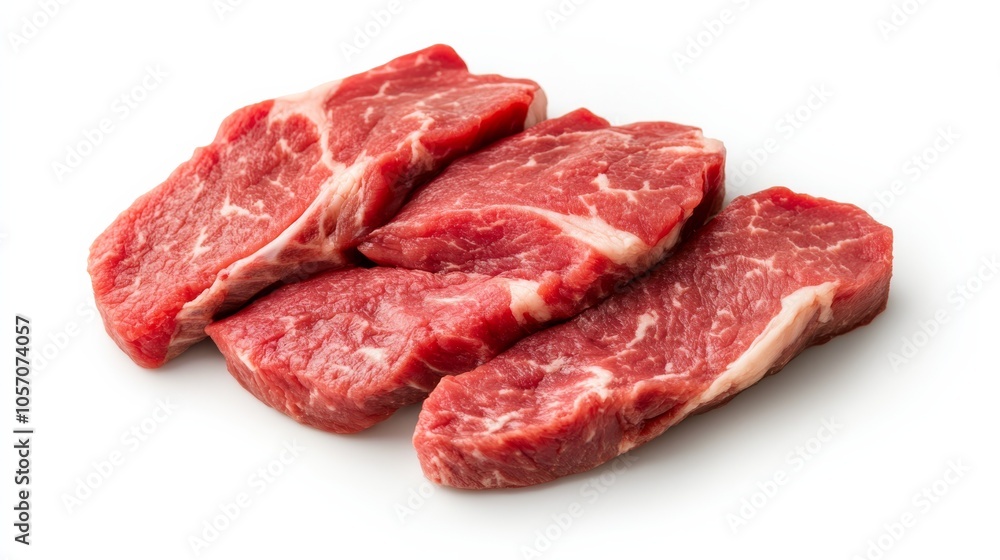 Four beautiful slices of fresh beef are arranged neatly against a bright white backdrop, highlighting their deep red color and rich marbling Four beautiful slices of fresh beef are arranged neatly against a bright white backdrop, highlighting their deep red color and rich marbling
