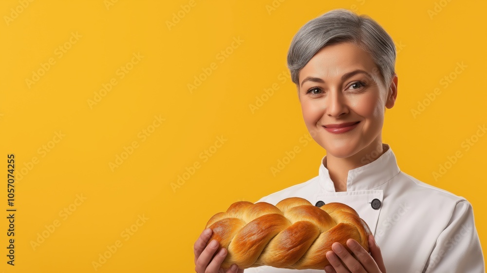 A skilled baker with short grey hair proudly presents a freshly baked loaf against a bright yellow background A skilled baker with short grey hair proudly presents a freshly baked loaf against a bright yellow background
