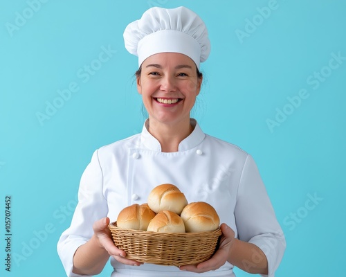 A joyful female baker in a chef's uniform proudly holding freshly baked rolls in a basket against a bright blue background