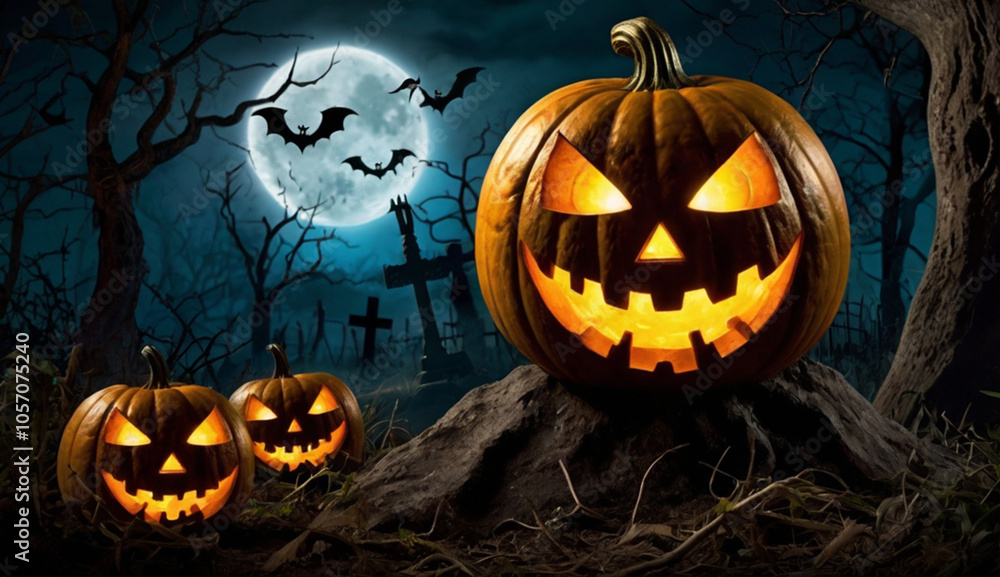 A glowing jack-o'-lantern with a sinister smile sits in a dark graveyard, under a full moon with bats flying around, surrounded by eerie trees and crosses. A glowing jack-o'-lantern with a sinister smile sits in a dark graveyard, under a full moon with bats flying around, surrounded by eerie trees and crosses.