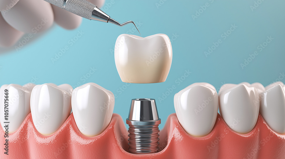 Dental implant procedure showing crown being placed on implant. image captures precision and care involved in dental restoration, highlighting importance of oral health Dental implant procedure showing crown being placed on implant. image captures precision and care involved in dental restoration, highlighting importance of oral health